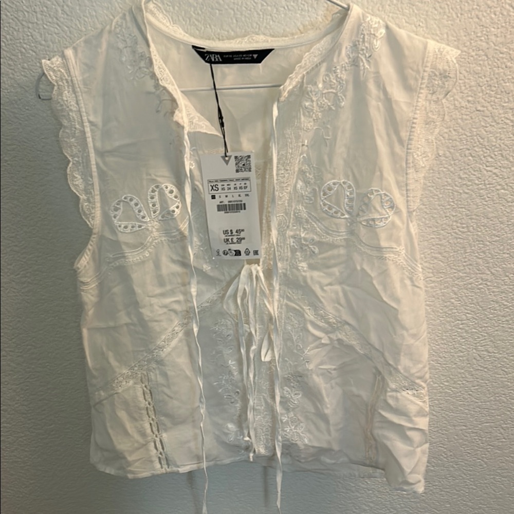 NWT Zara White Tie Front Blouse with Mandarin Collar